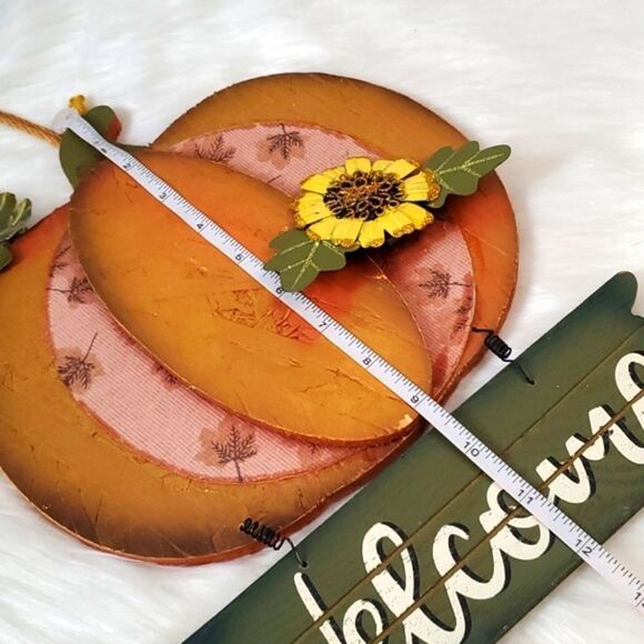 Pumpkin & Sunflower Whimsical Harvest Wood Painted Welcome Door Hanger Sign - Picture 8 of 9